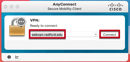 type webvpn.radford.edu and click connect