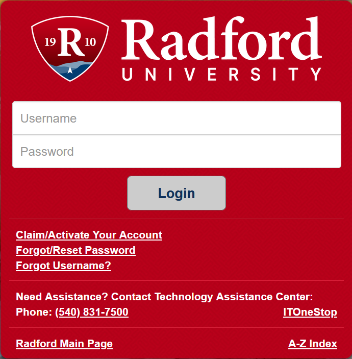 Radford University Single Sign on Log in Screen