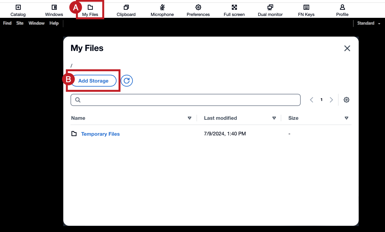 Screenshot of My Files highlighted at the top of the screen to select first and then add storage to click second.