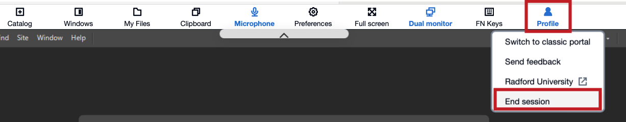 Screenshot highlighting to select Profile and End Session when finished.