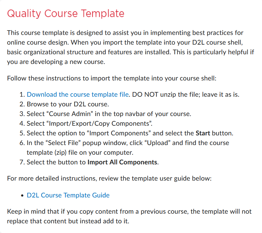 Quality Course Template widget with downloading instructions.