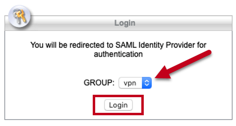 Screenshot of VPN selected for group and then Login button is highlighted.