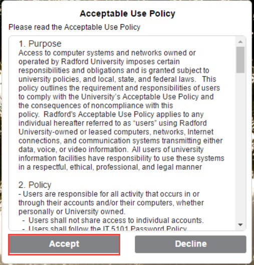 Acceptable user policy with accept button highlighted. 