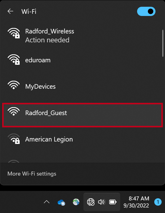 Radford_Guest wifi selected