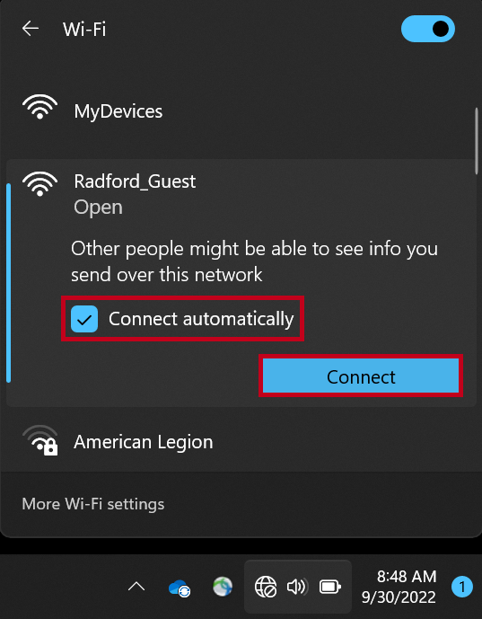 Connect Automatically selected.
