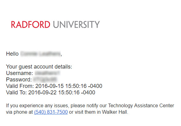 Screenshot of email sent with username and password.