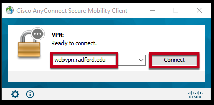 Type webvpn.radford.edu and click Connect