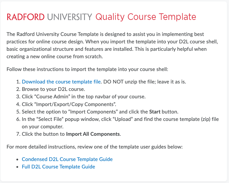 Radford University Quality Course Template.