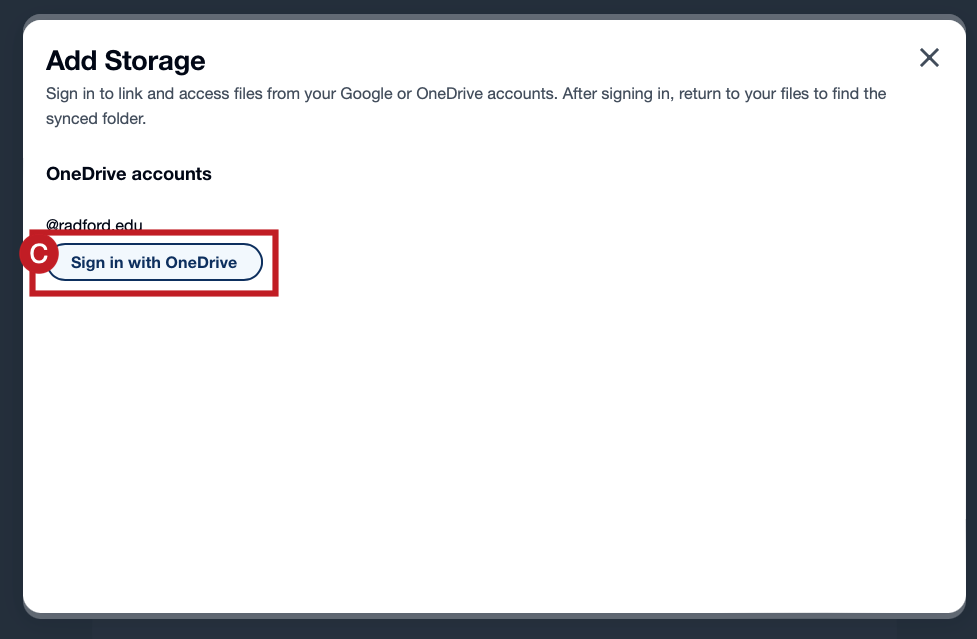 Screenshot highlighting to Sign in with OneDrive.